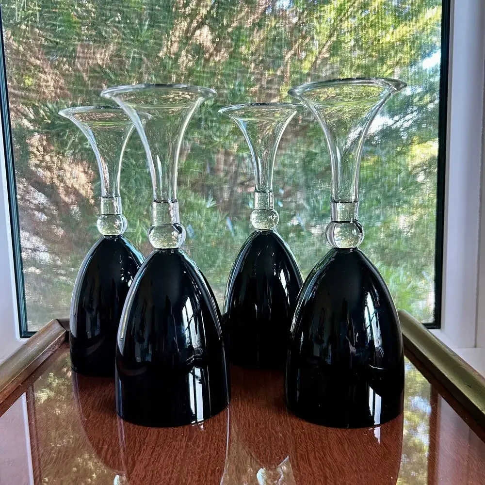 Set of 4 Pier 1 Imports Vintage Dante Black Wine Glasses Water Goblets